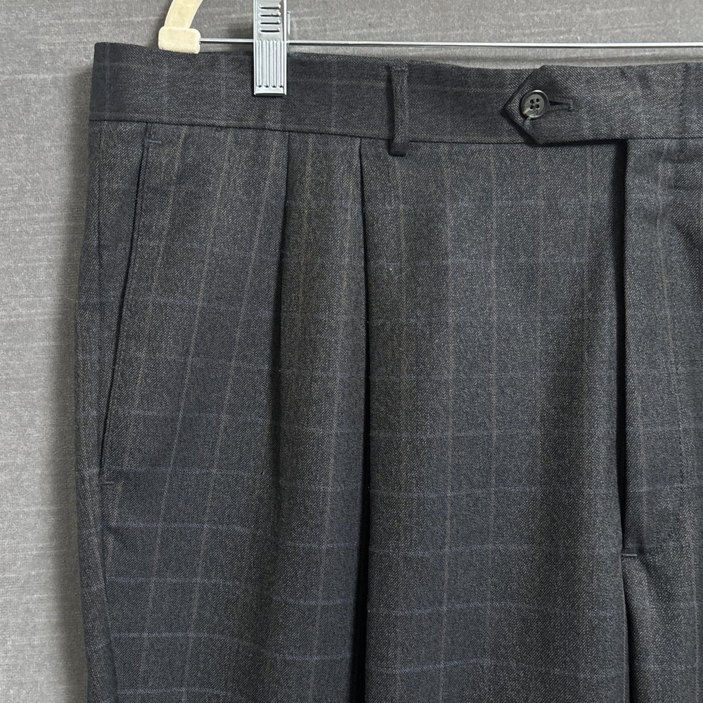 Berle Pants 40 Gray Windowpane Trousers Pleated Cuffed Classic Business‎ Wool